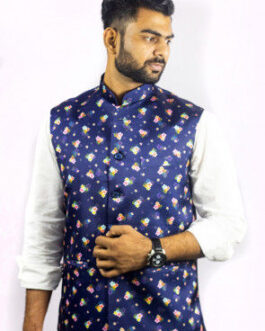 Digital Printed Satin Silk Nehru Jacket in Dark Blue